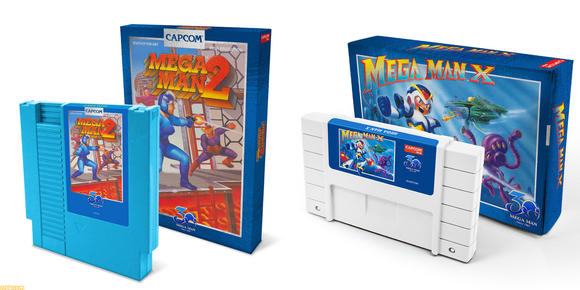 ロックマン30周年を記念して、NES/SNESの『Mega Man 2』『Mega Man X』カートリッジが登場。国内販売＆FC/SFC版の