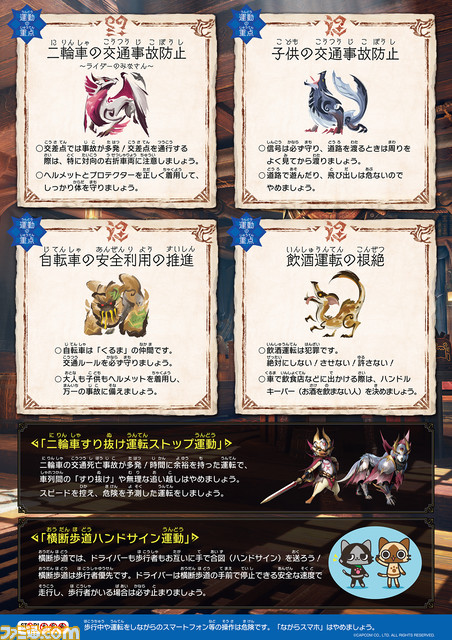 『モンハン』シリーズが交通安全運動の啓発デザインに採用。危険なモンスターやアイルーたちが交通安全運動に参加