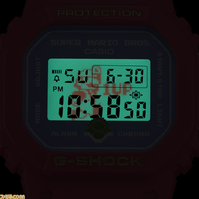 『スーパーマリオブラザーズ』デザインのG-SHOCKが11月11日より発売。赤を基調としたデザイン、ライトを点灯させると文字盤にマリオが表示される特別モデル