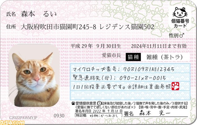 愛猫用オリジナル身分証明書“マイニャンバーカード”がリニューアルして本日（11/14）より販売開始。有効期限欄や署名年月日の変更などが可能に