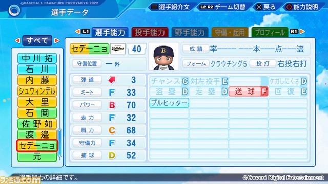 『パワプロ2022』無料アップデートを実施。ヤクルトの丸山翔大やオリックスのレアンドロ・セデーニョなど、16名の選手を追加