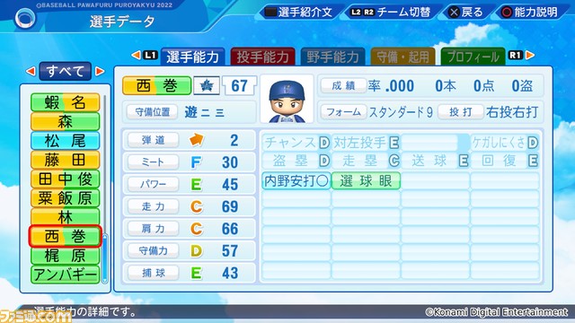 『パワプロ2022』無料アップデートを実施。ヤクルトの丸山翔大やオリックスのレアンドロ・セデーニョなど、16名の選手を追加