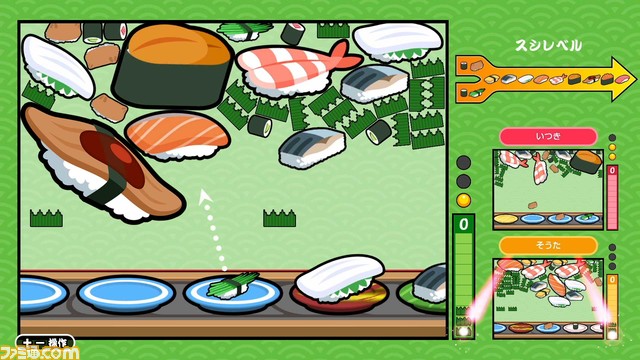 Switch『SUSHIショット』オンライン対戦専用ゲームが配信。お寿司をぶつけて大きくしていくパズルゲーム。セール期間中は120円