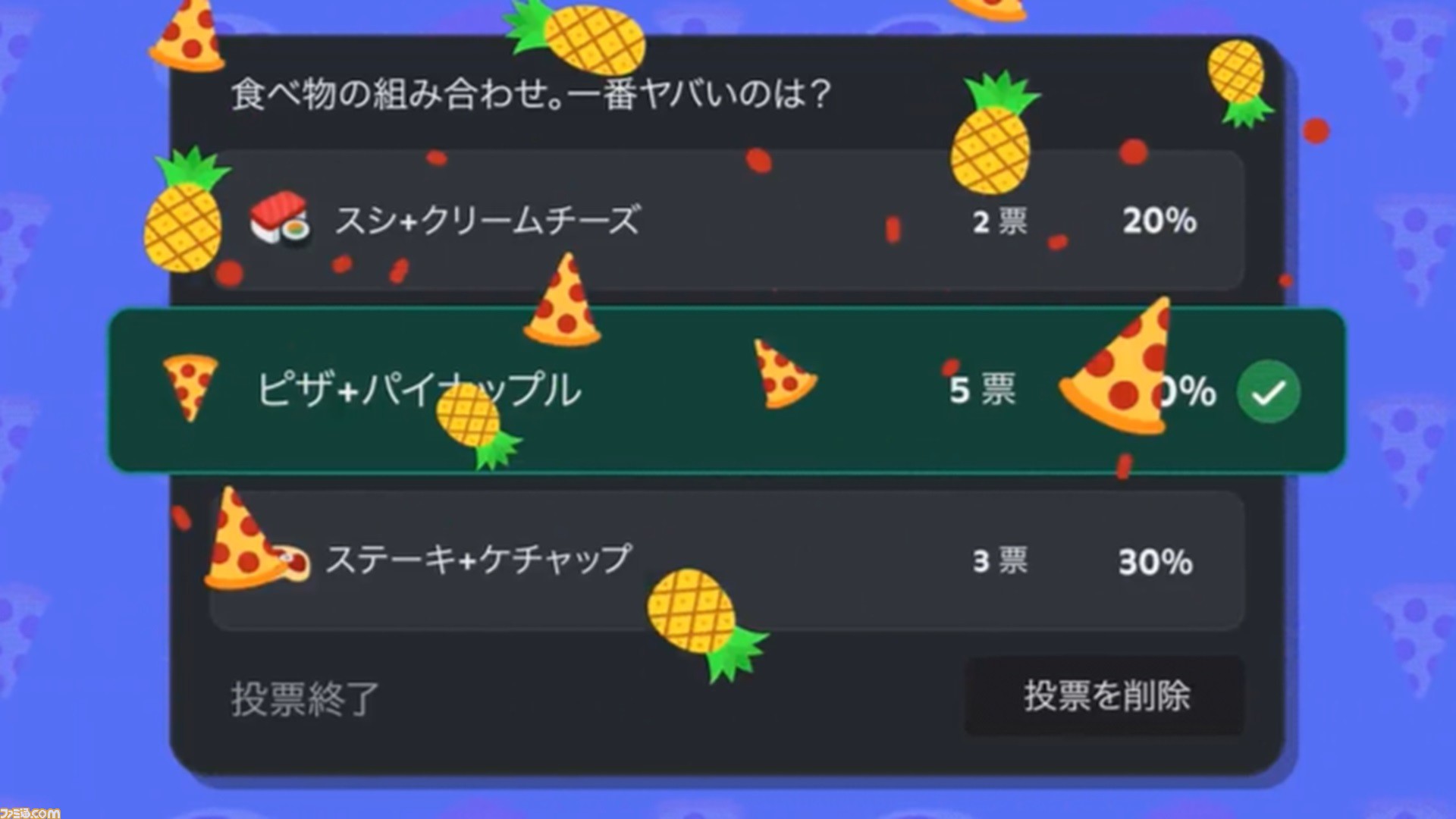 Discordに投票機能が実装。「食べ物の組み合わせで1番やばいのは？」など自由に作れる。各項目に絵文字やカスタム絵文字を設定可能 |  ゲーム・エンタメ最新情報のファミ通.com