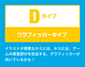 Dタイプ：グラフィッカータイプ イラストが得意なキミには、キミには、ゲームの視覚部分を担当する、グラフィッカーが向いているかも！
