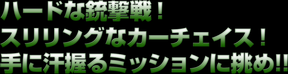 ハードな銃撃戦！ スリリングなカーチェイス！ 手に汗握るミッションに挑め!!
