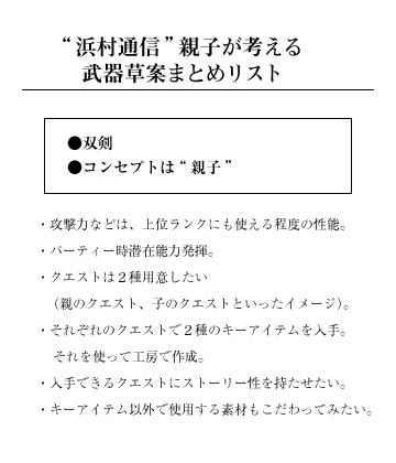 “浜村通信”親子が考える武器草案まとめリスト ●双剣 ●コンセプトは“親子”攻撃力などは、上位ランクにも使える程度の性能。 パーティー時潜在能力発揮。 クエストは２種用意したい（親のクエスト、子のクエストといったイメージ）。 それぞれのクエストで２種のキーアイテムを入手。それを使って工房で作成。 入手できるクエストにストーリー性を持たせたい。 キーアイテム以外で使用する素材もこだわってみたい。